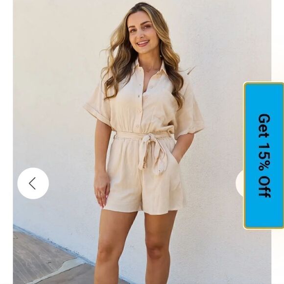 💲1️⃣0️⃣ Bundled ✔️Colored Button Down Romper with Tie Waist in Cream - Picture 1 of 12